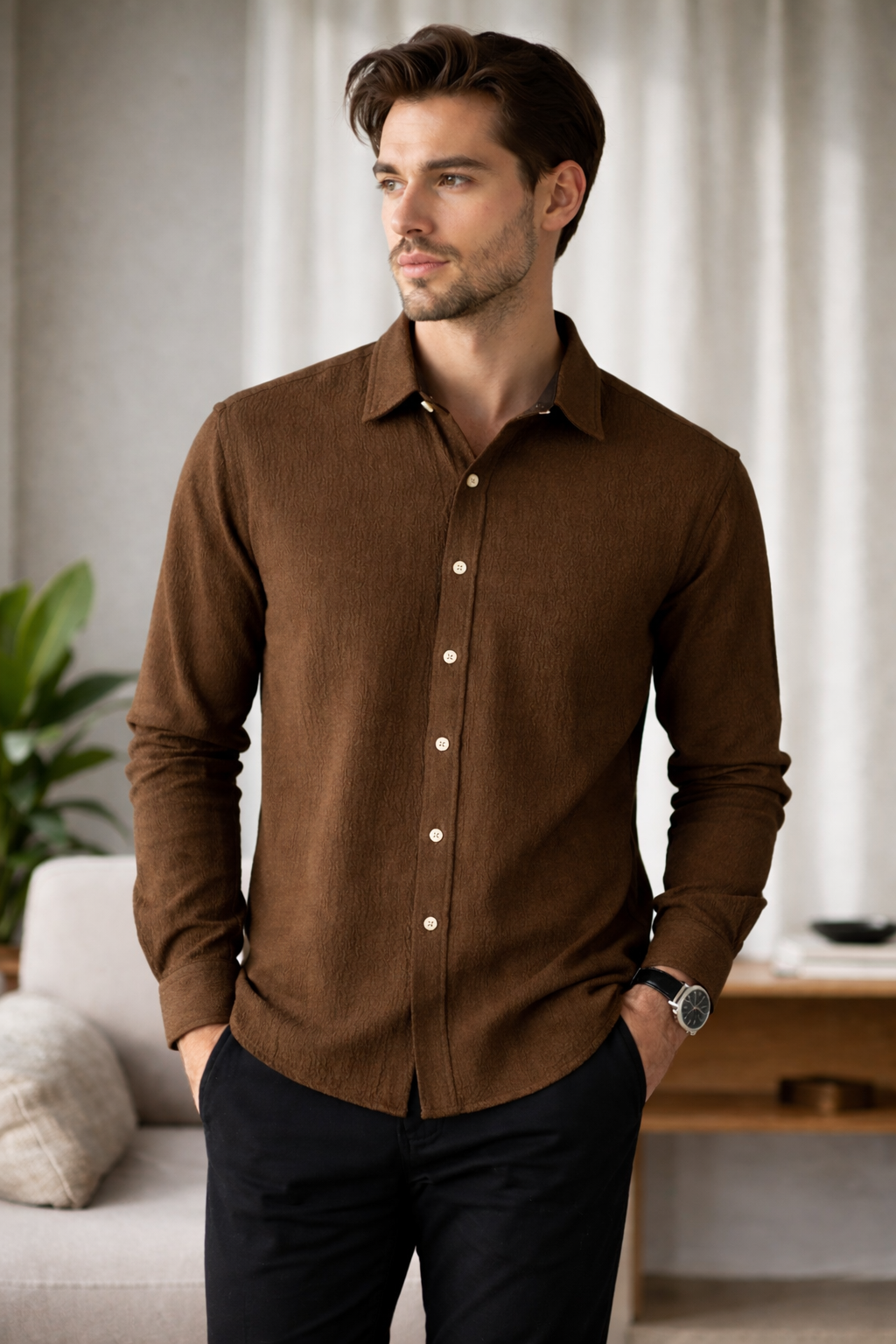 Cocoa Brown Premium Textured Shirt – Rich & Elegant Casual Fit| F-2014