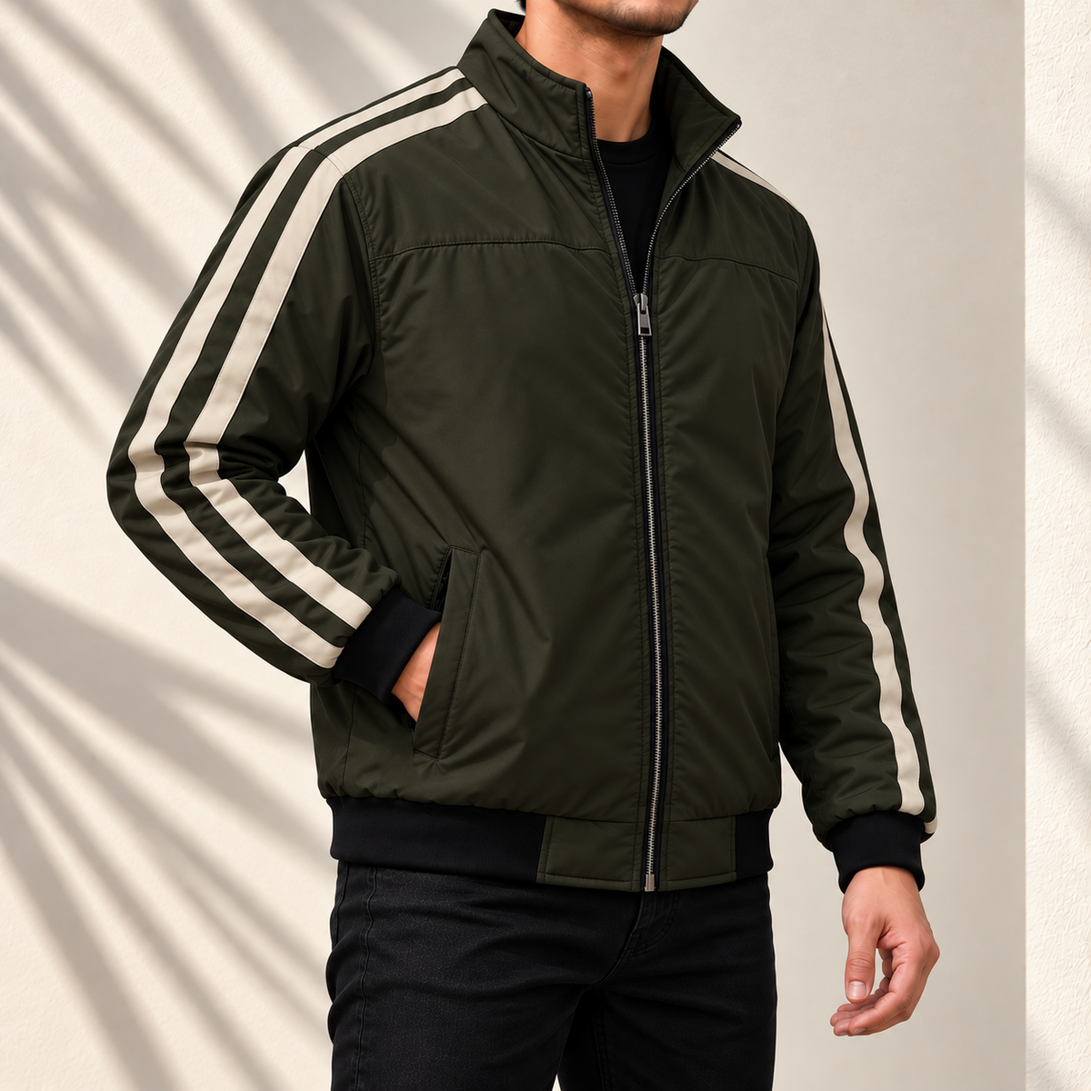 Olive Bomber Jacket with Twin-Stripe | ADS-13
