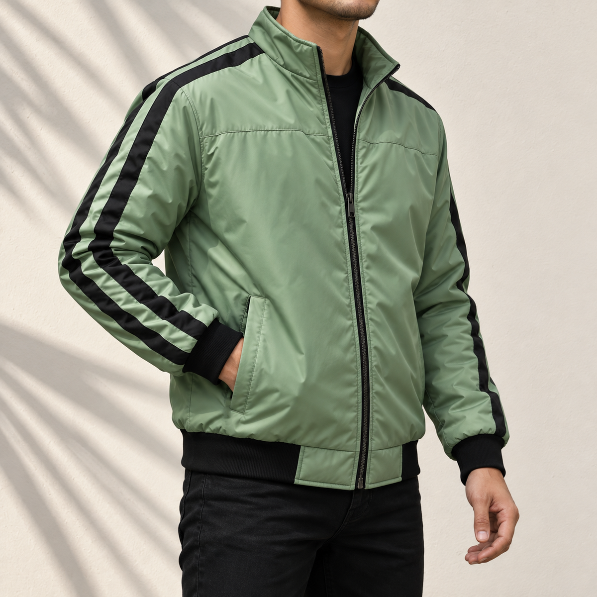 Sage Green Bomber Jacket with Twin-Stripe | ADS-12