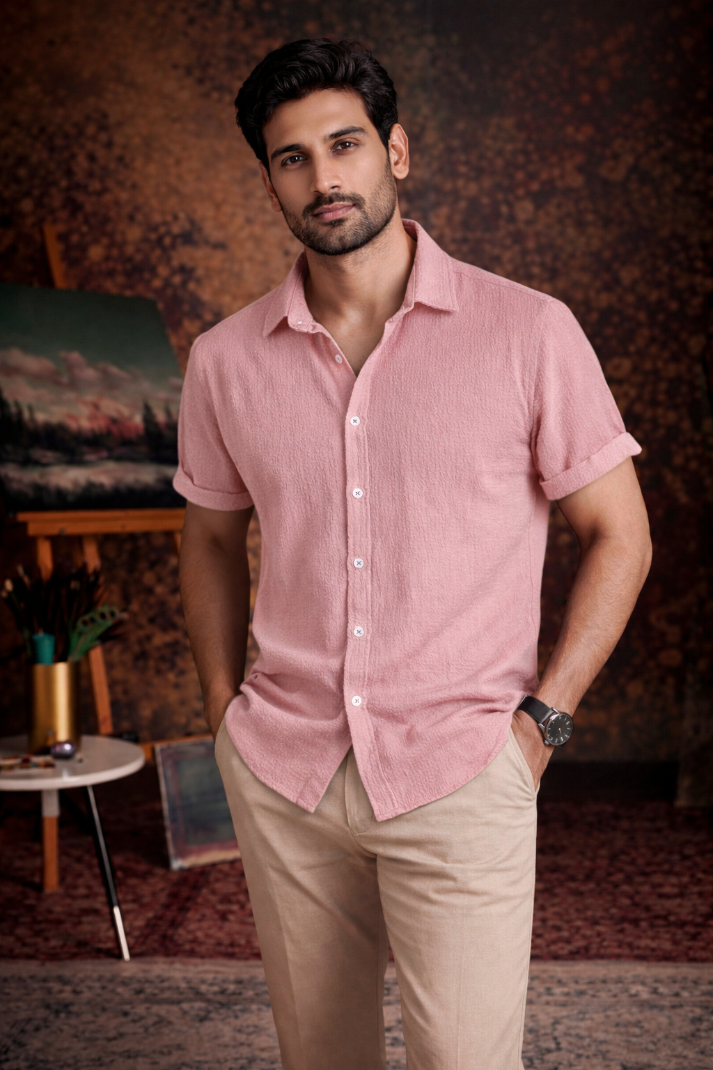 Blush Pink Premium Textured Shirt – Soft & Breathable Summer Fit|H-640
