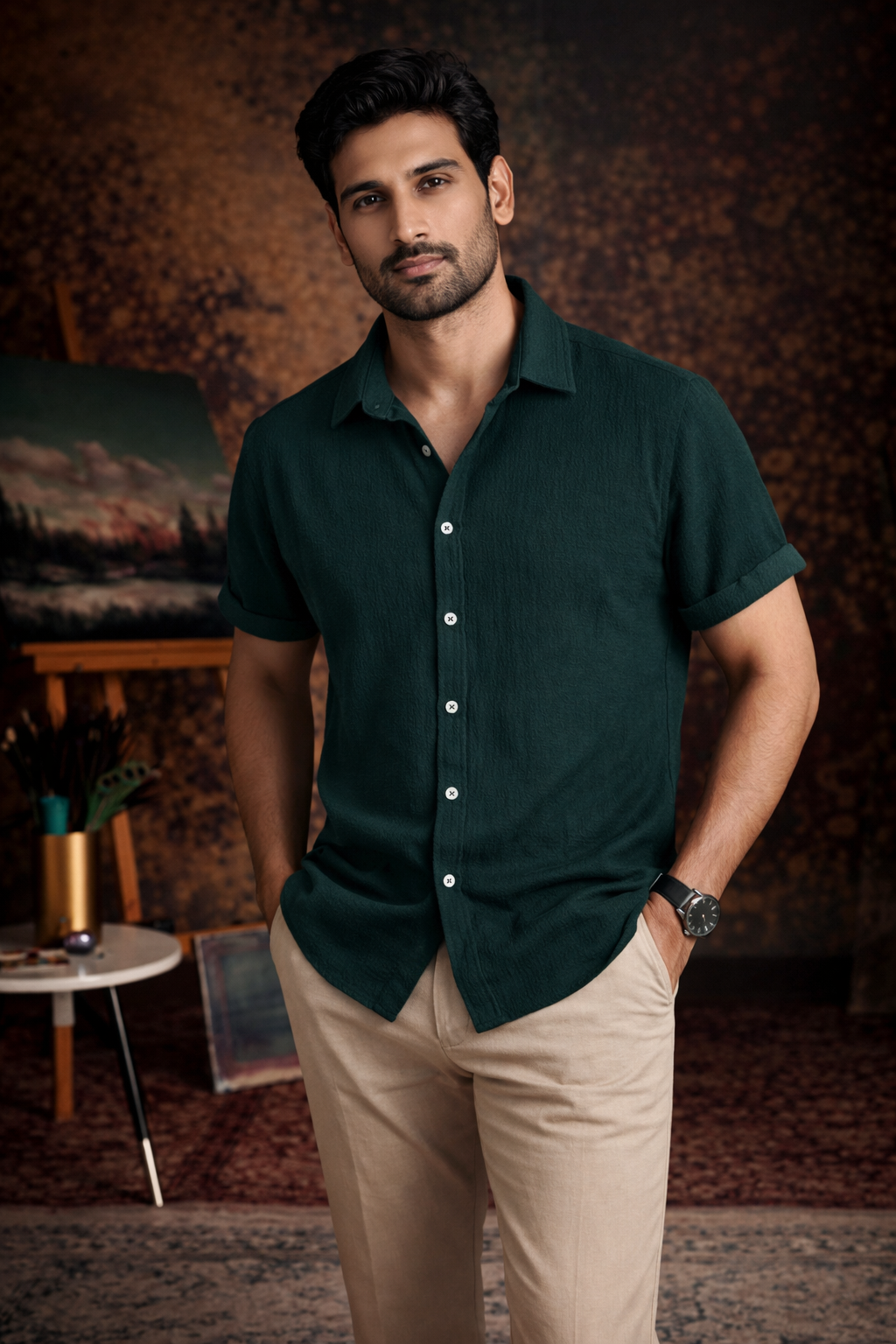 Deep Teal Premium Textured Shirt – Soft & Breathable Summer Fit|H-707