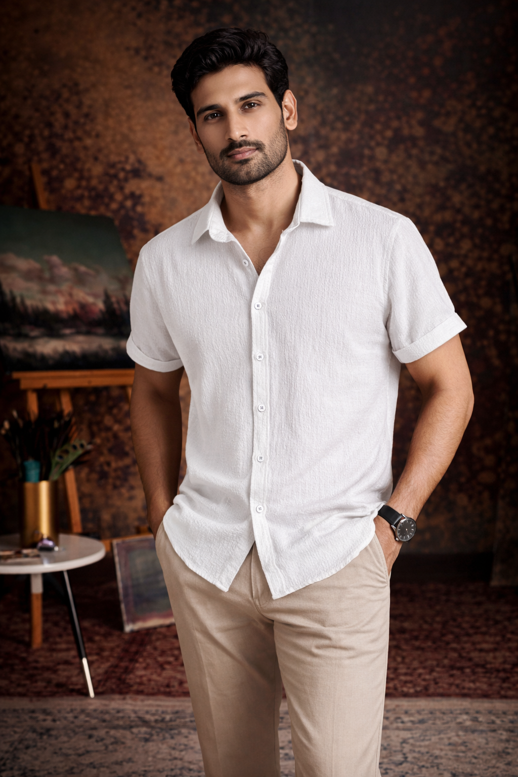 Classic White Premium Textured Shirt – Soft & Breathable Summer Fit|H-709
