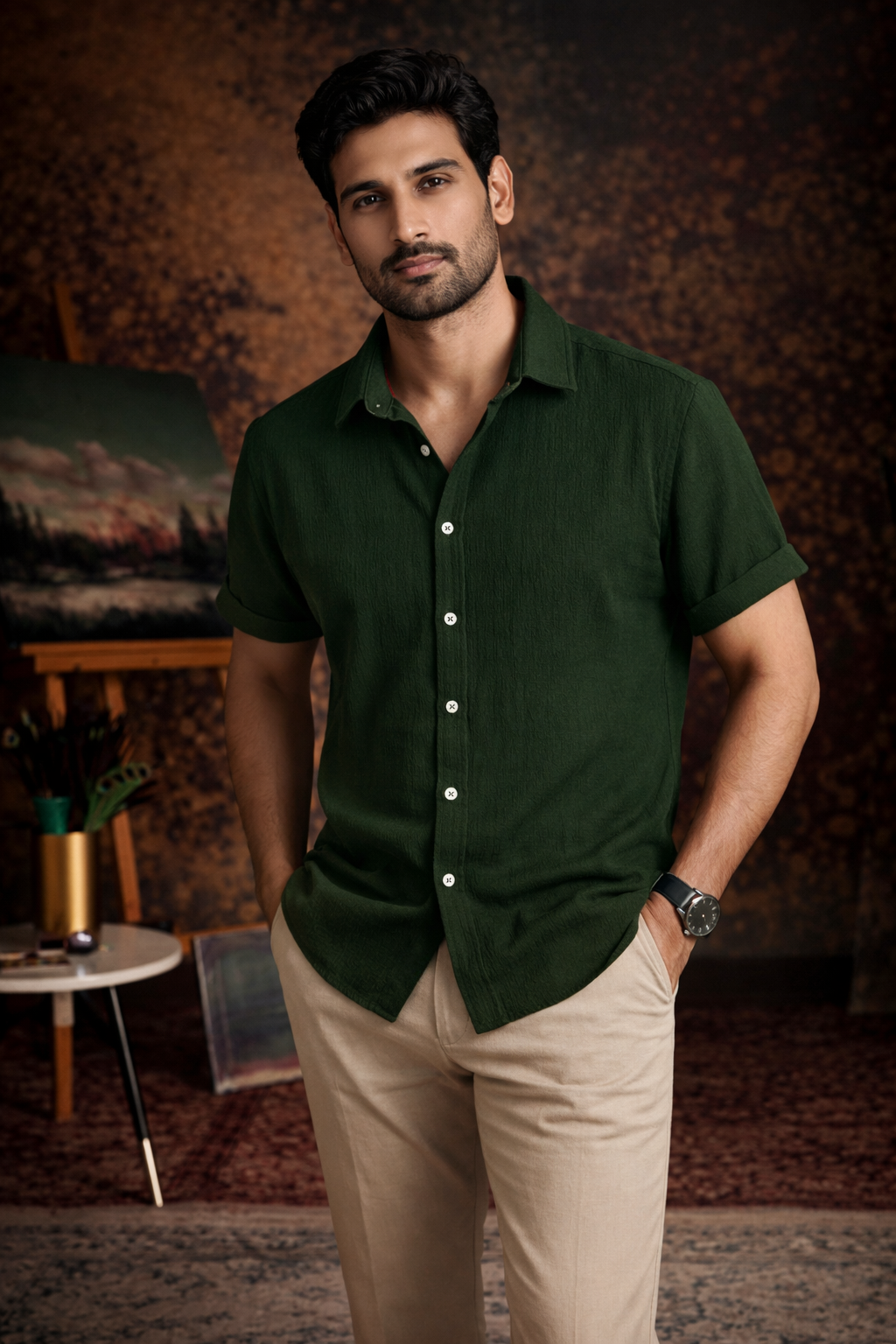 Forest Green Premium Textured Shirt – Soft & Breathable Summer Fit|H-680