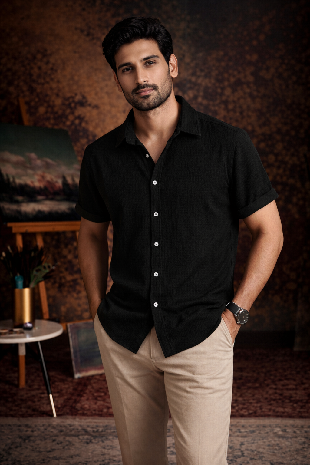 Jet Black Premium Textured Shirt – Soft & Breathable Summer Fit|H-650