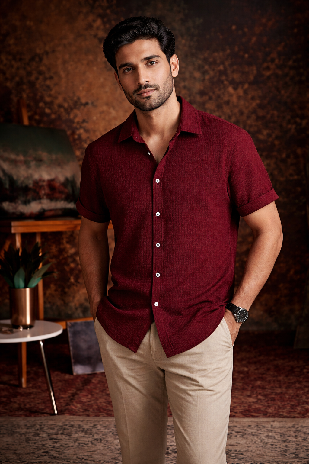 Deep Maroon Premium Textured Shirt – Soft & Breathable Summer Fit|H-720