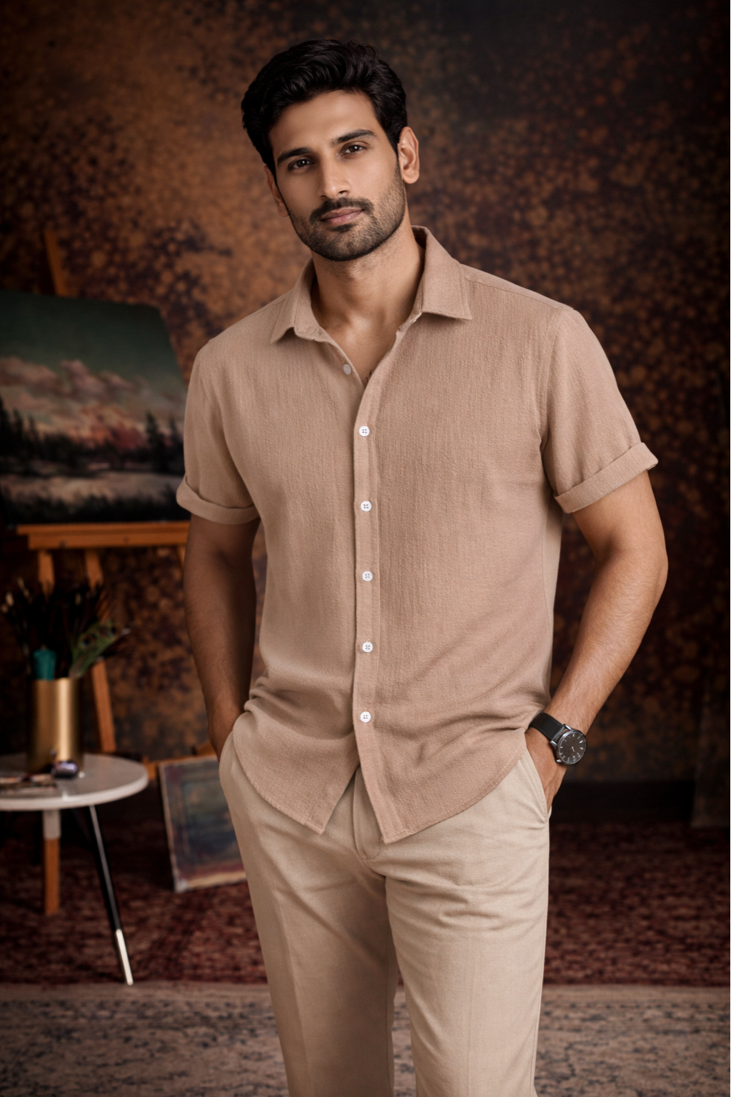 Sand Beige Premium Textured Shirt – Soft & Breathable Summer Fit|H-710