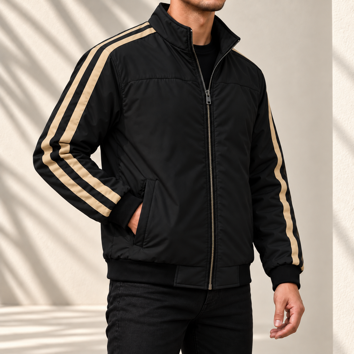 Black Bomber Jacket with Twin-Stripe | ADS-11
