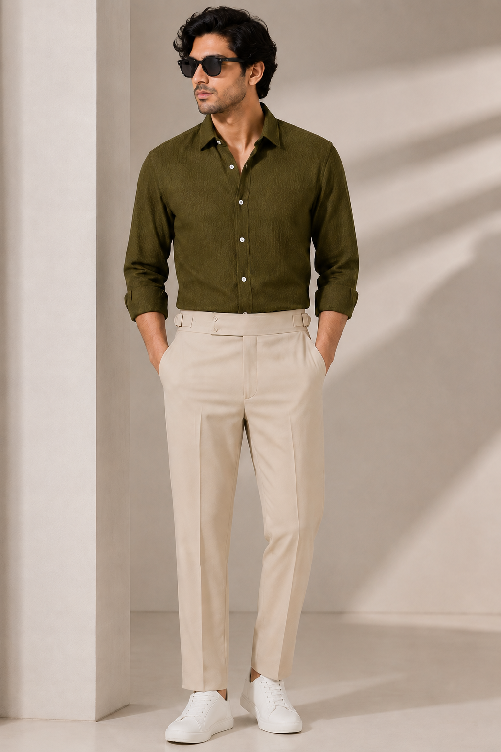 Olive Green Textured Shirt & Beige Gurkha Pant Combo