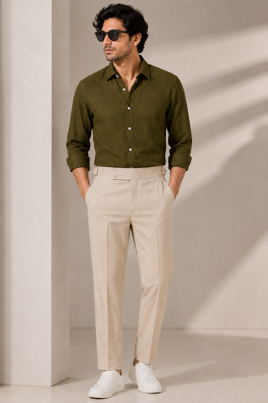 Olive Green Textured Shirt & Beige Gurkha Pant Combo