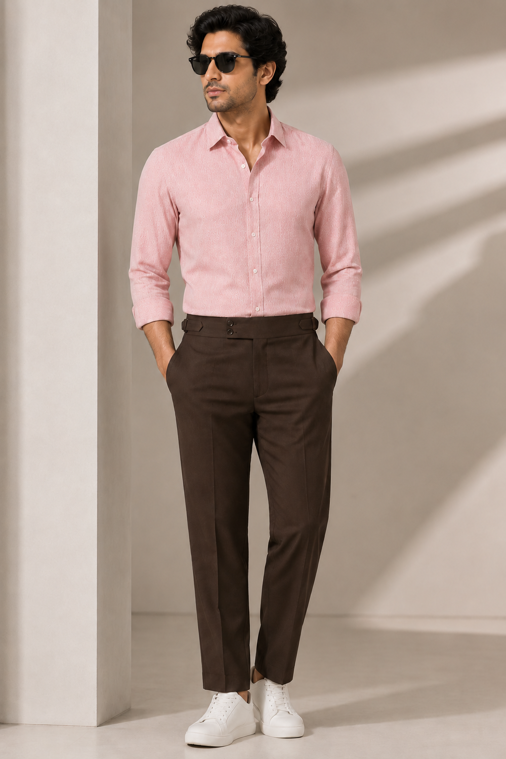 Blush Pink Shirt & Brown Gurkha Pant Combo