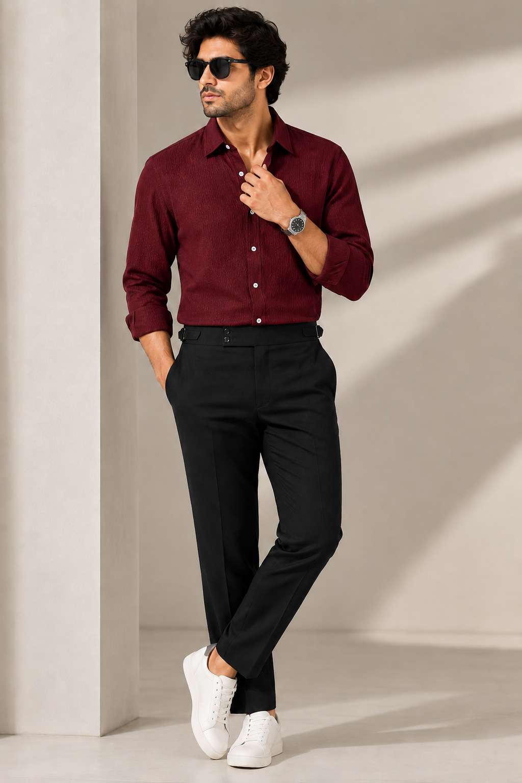 Maroon Textured Shirt & Black Gurkha Pant Combo