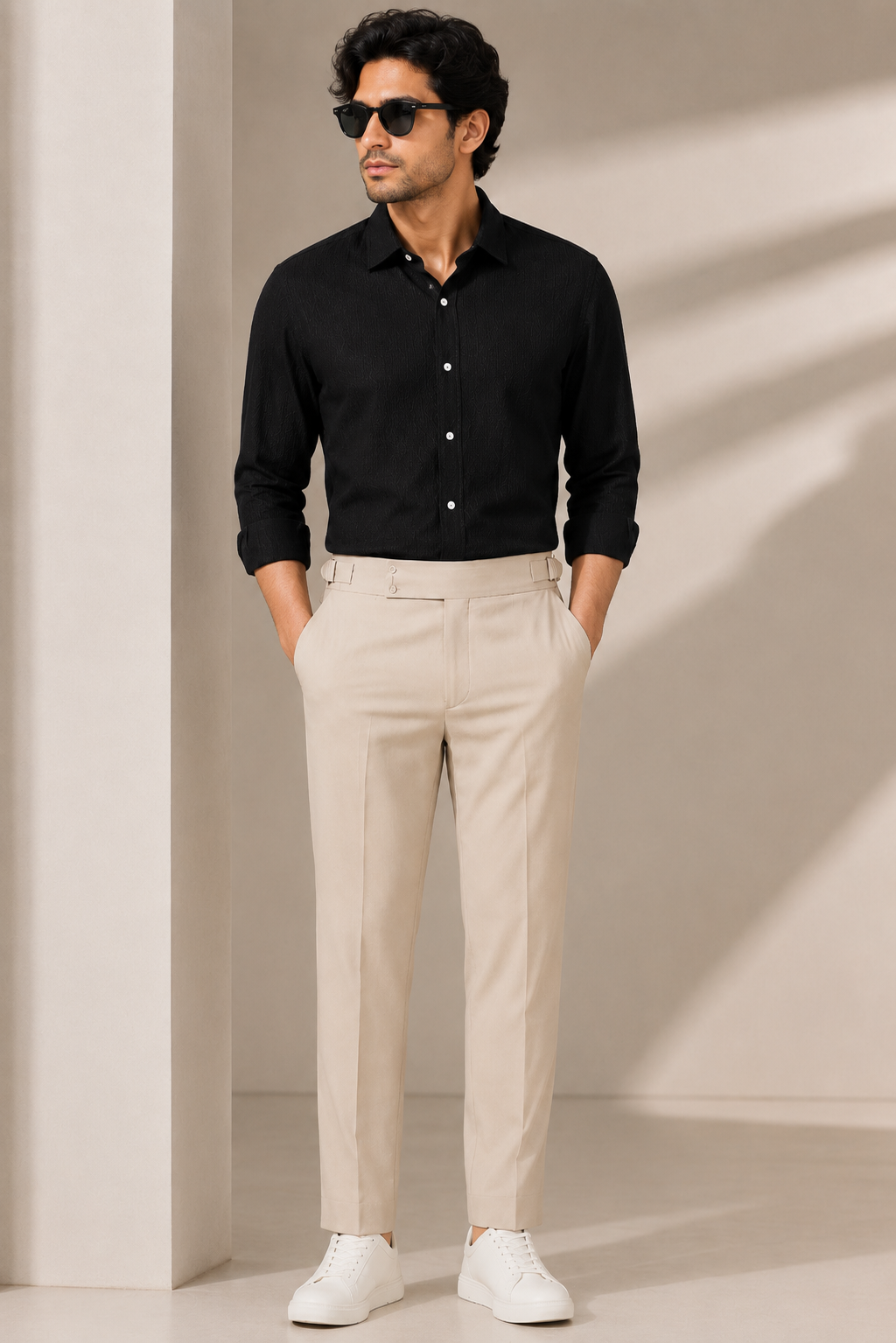 Black Textured Shirt & Beige Gurkha Pant Combo