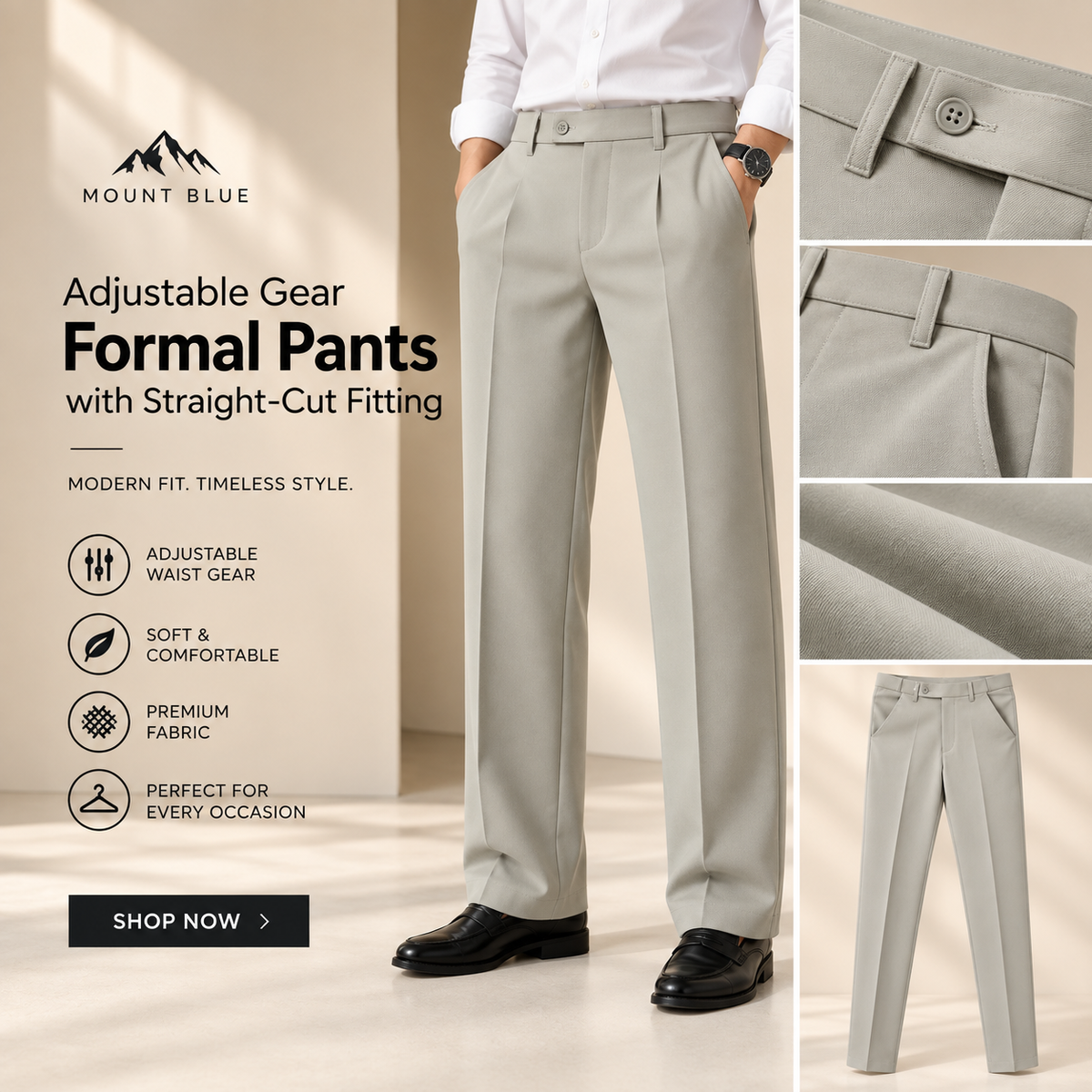 Adjustable Gear Straight-Cut Formal Pants – Light Stone Grey