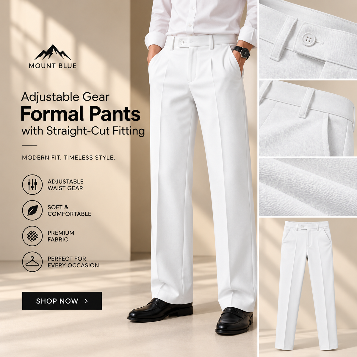 Adjustable Gear Straight-Cut Formal Pants – Off White