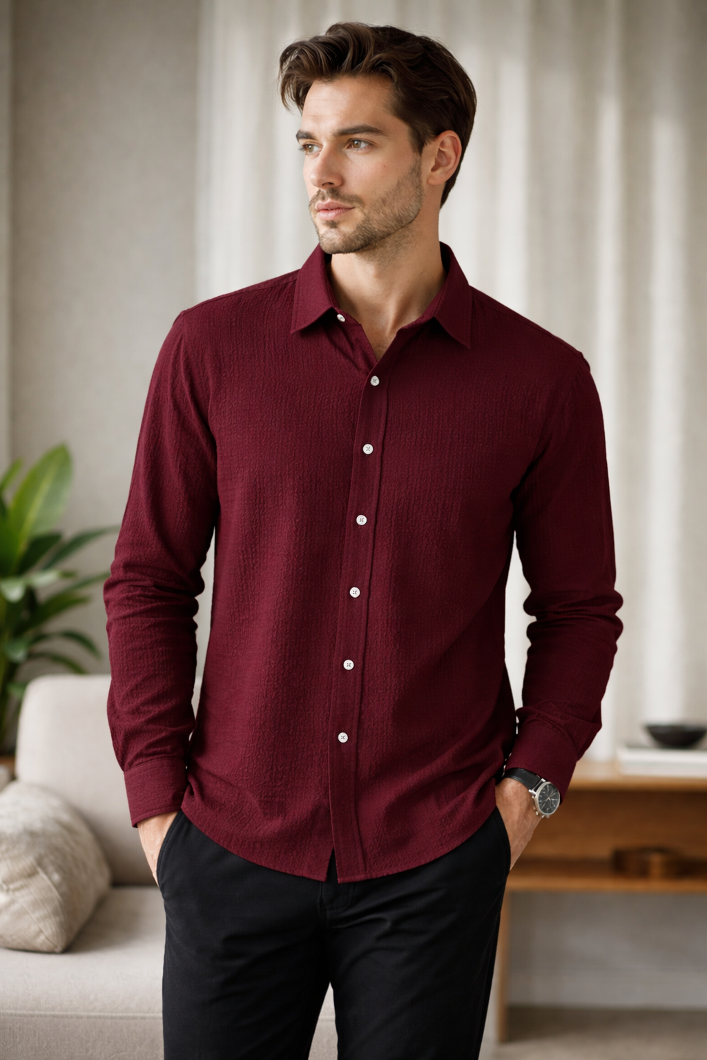 Deep Maroon Premium Textured Shirt – Bold & Stylish Fit| F-2012
