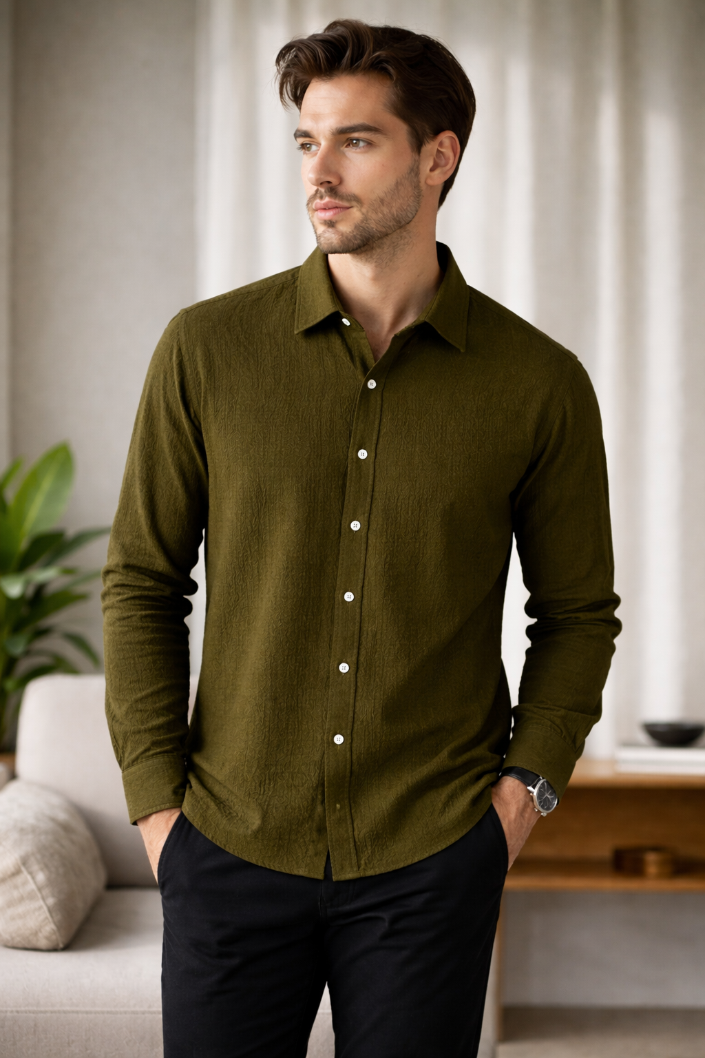 Olive Green Premium Textured Shirt – Minimal & Smart Casual Fit| F-2013
