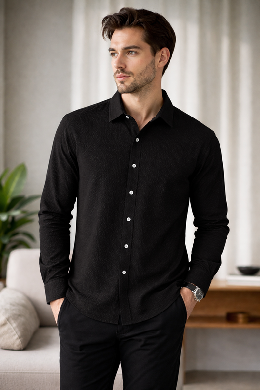 Jet Black Premium Textured Shirt – Sleek & Modern Fit| F-2010