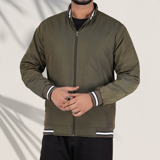 RP-320 Olive Bomber Jacket with White Striped Ribbed Trim