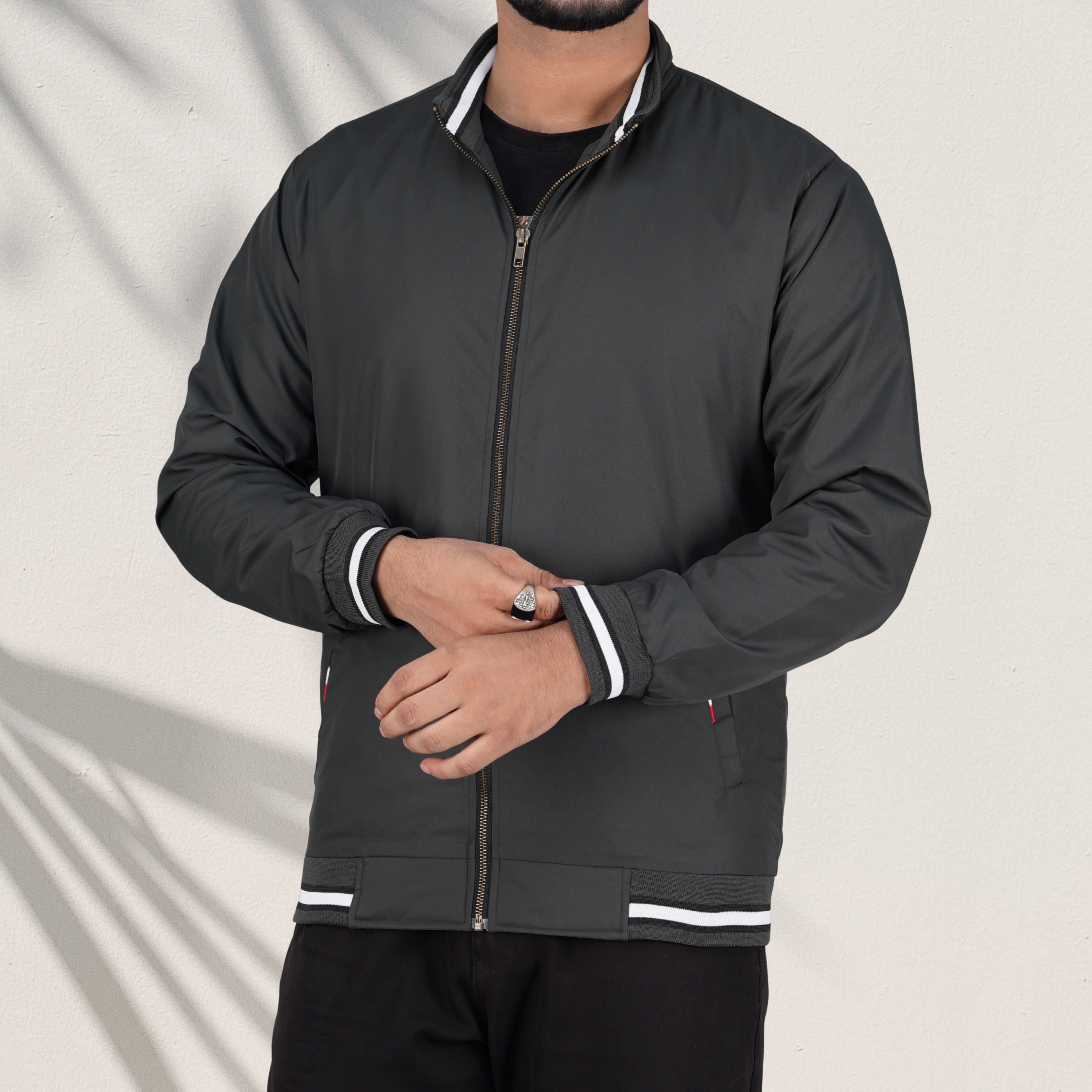 Gunmetal Grey Casual Jacket RP-360 with White Striped Rib Trim – Mount Blue