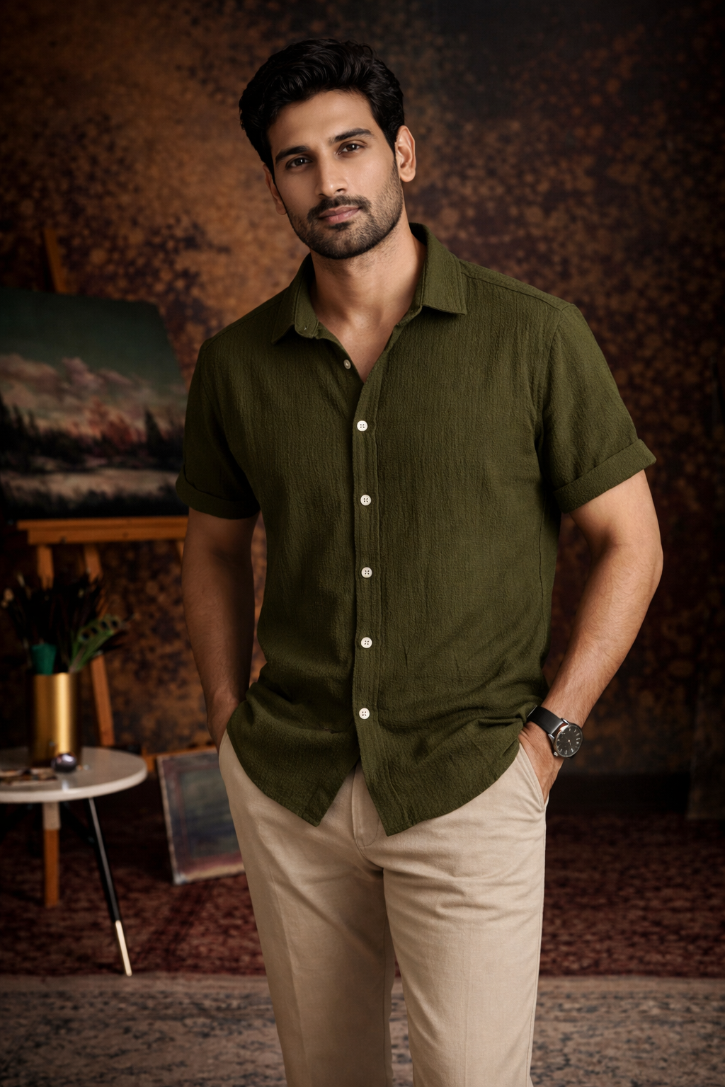 Olive Green Premium Textured Shirt – Soft & Breathable Summer Fit|H-705