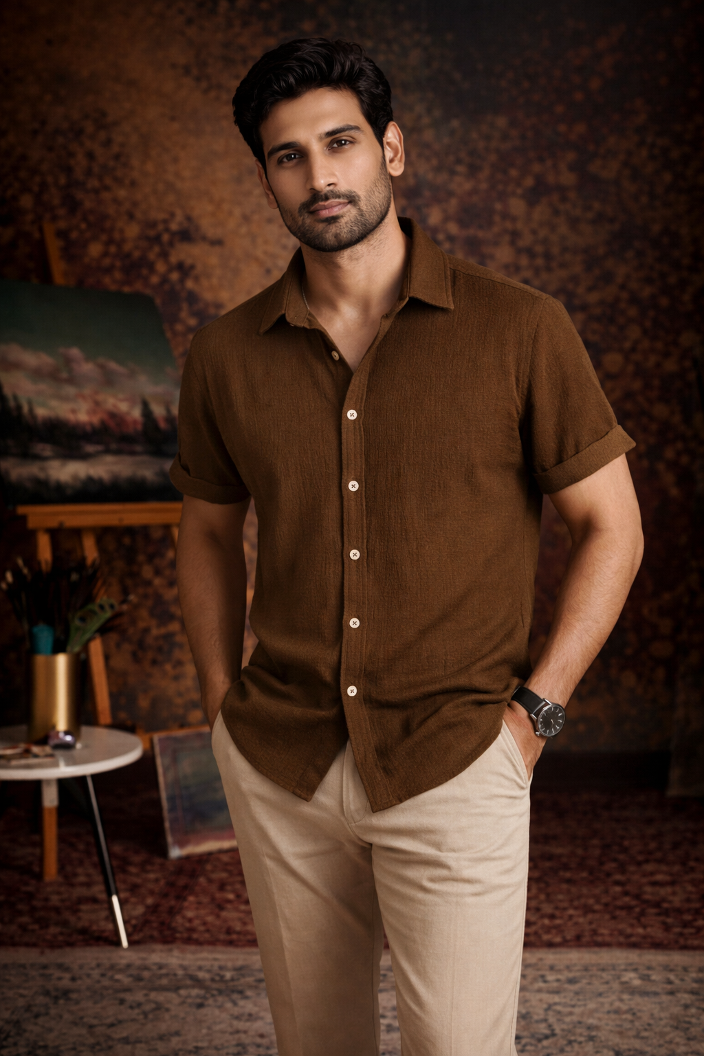 Cocoa Brown Premium Textured Shirt – Soft & Breathable Summer Fit|H-701
