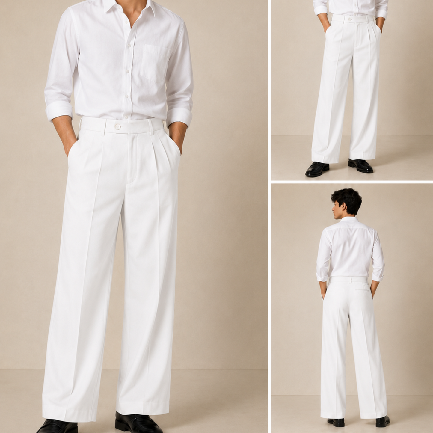 Korean Wide Leg Pleated Pants for Men - White