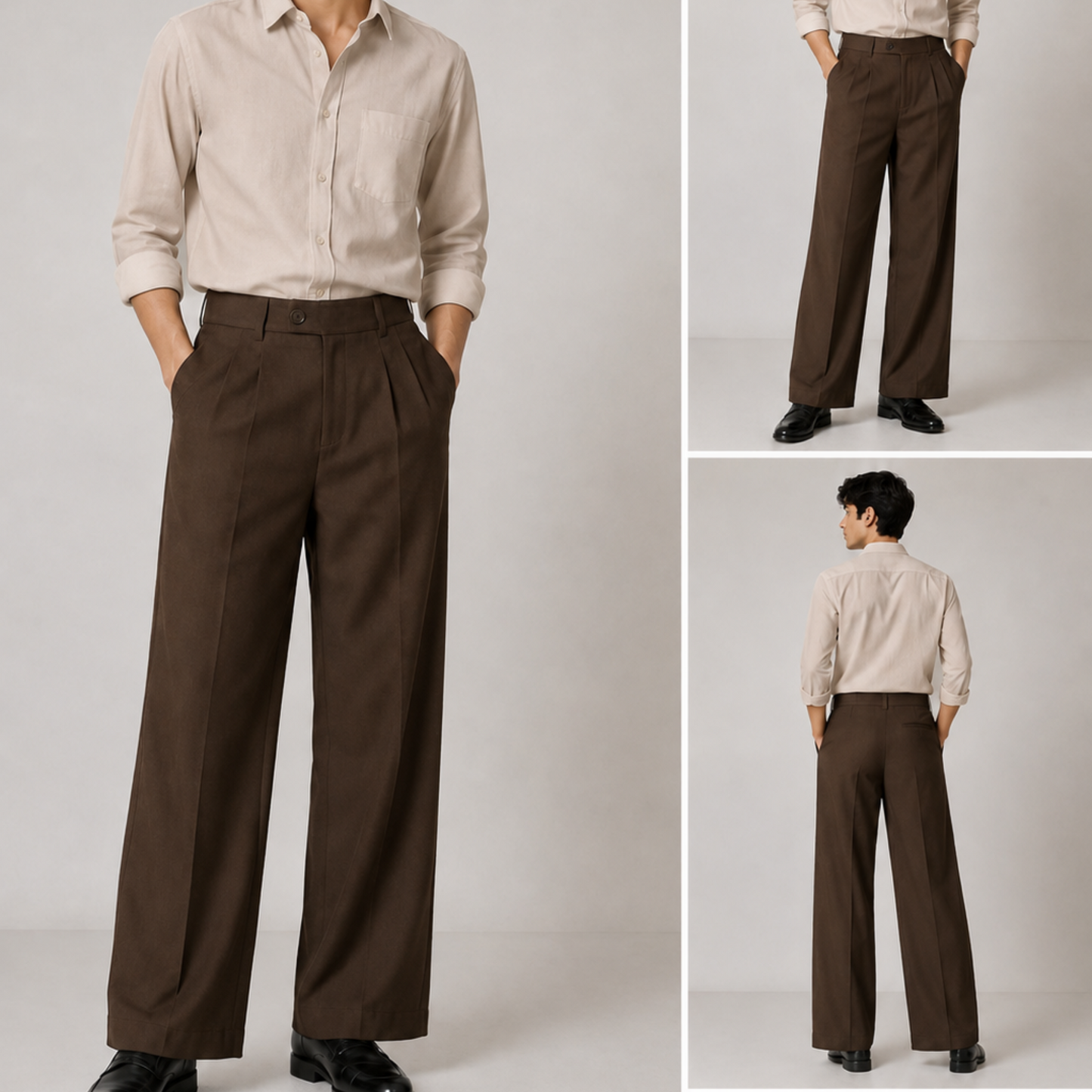 Korean Wide Leg Pleated Pants for Men - Brown