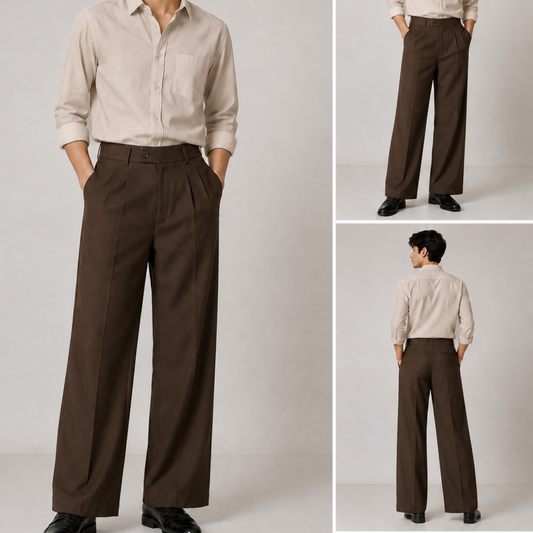 Korean Wide Leg Pleated Pants for Men - Brown