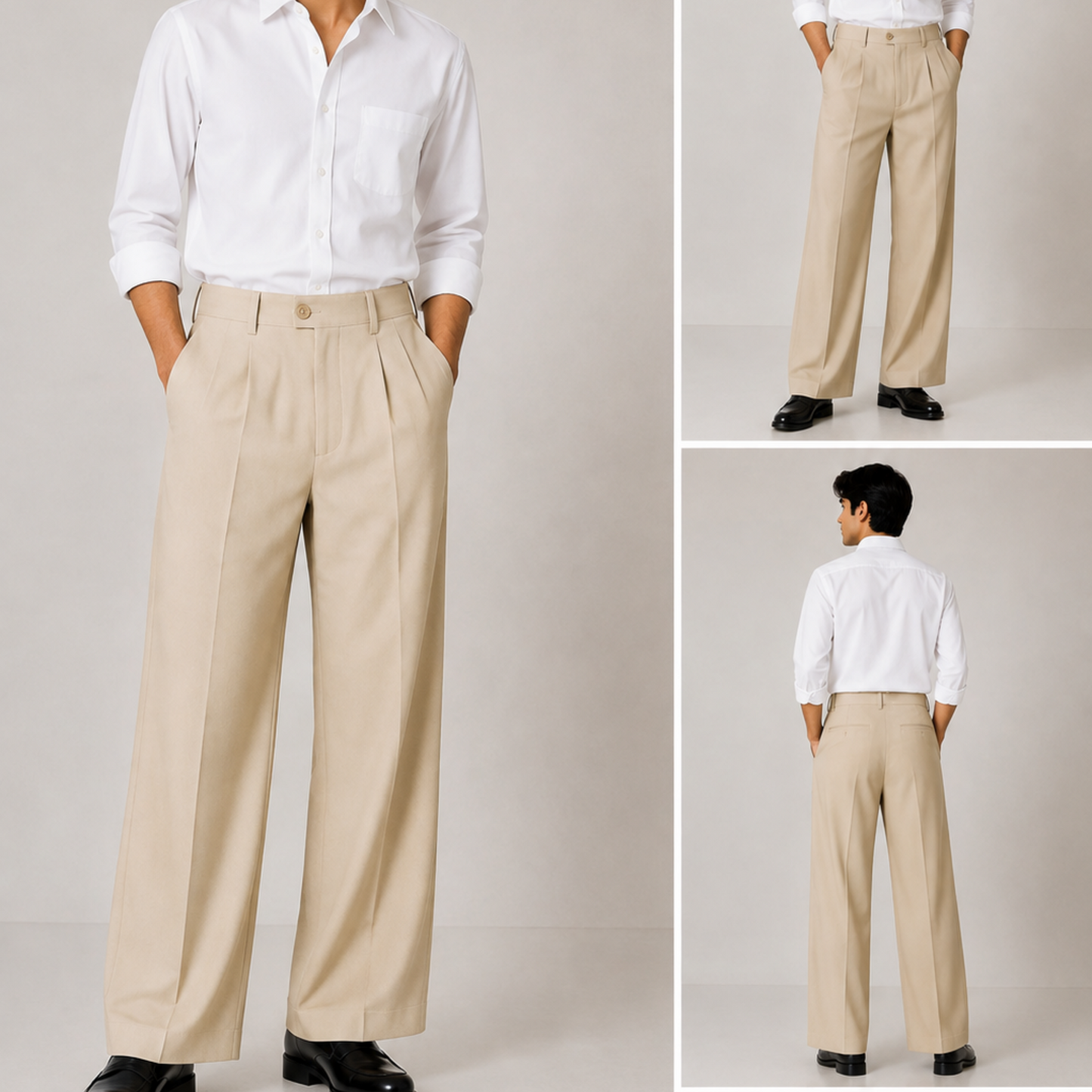 Korean Wide Leg Pleated Pants for Men - Cream