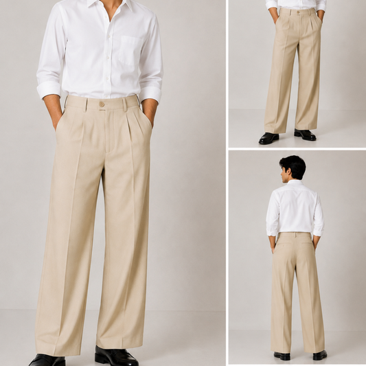 Korean Wide Leg Pleated Pants for Men - Cream