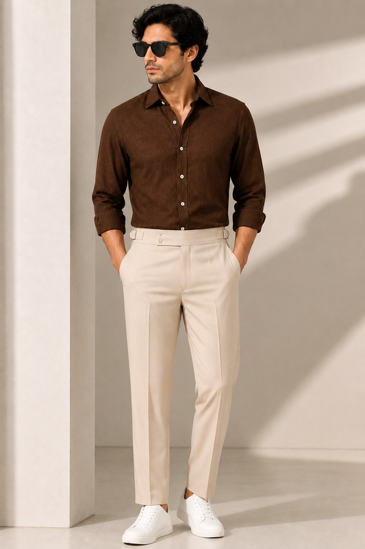 Mocha Brown Textured Shirt &amp; Beige Gurkha Pant Combo